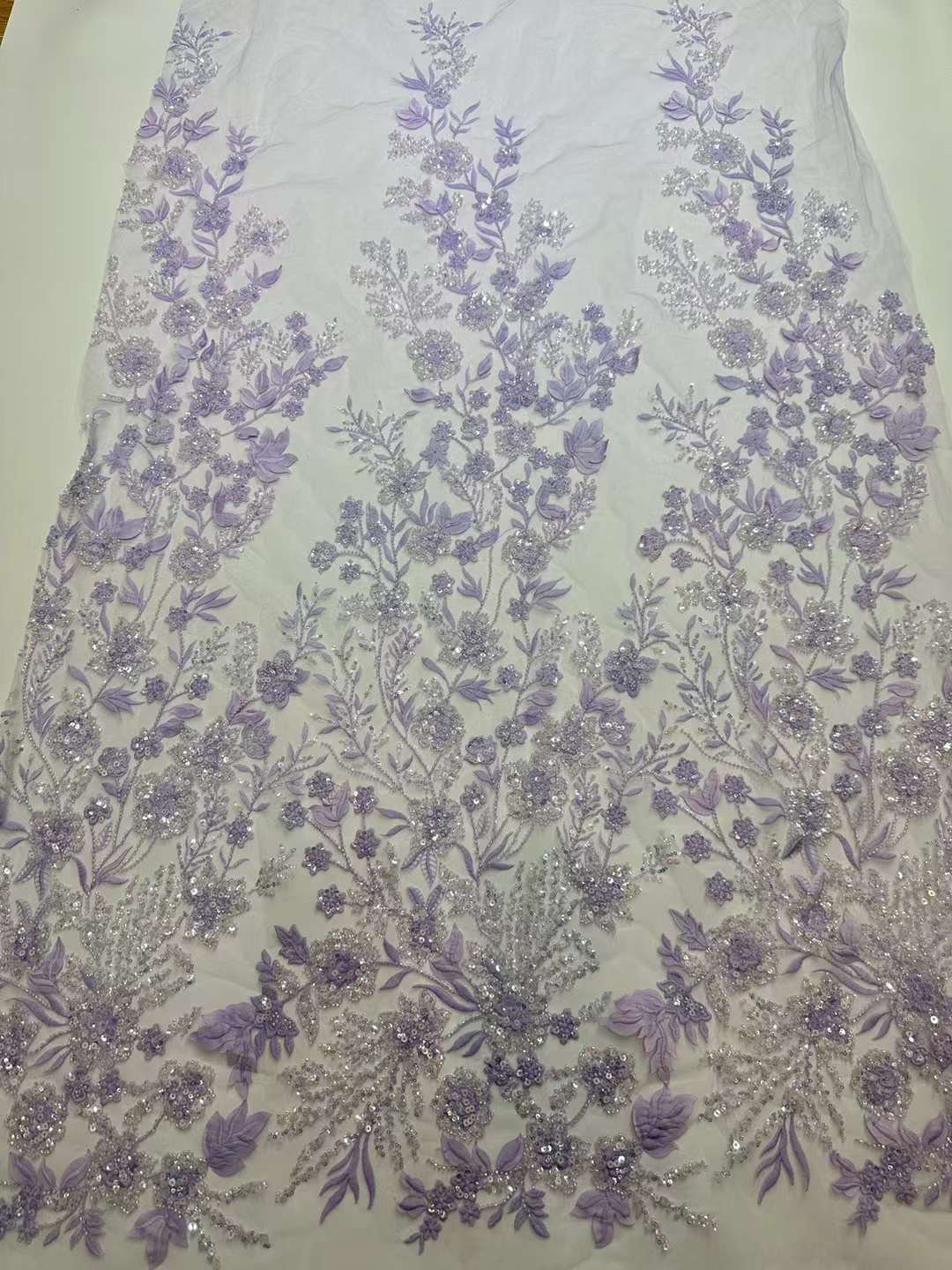 Brown 3d beaded lace fabric