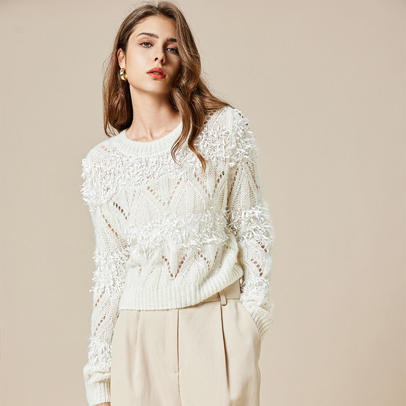 Custom Knit Ribbed Mock Neck Eyelet Women'S Knitted Sweater Long Sleeve Hollow Tassel Sequin Knitted Wool Sweater