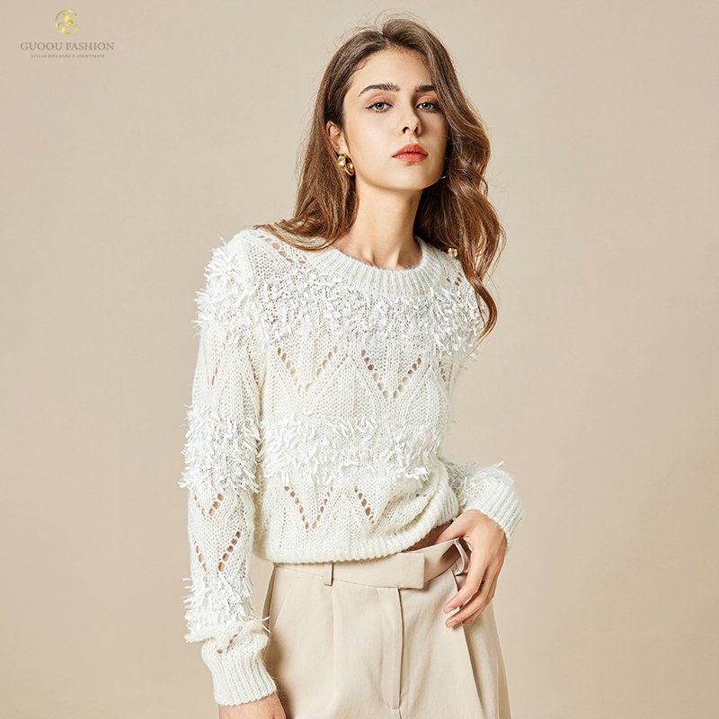 Custom Knit Ribbed Mock Neck Eyelet Women'S Knitted Sweater Long Sleeve Hollow Tassel Sequin Knitted Wool Sweater