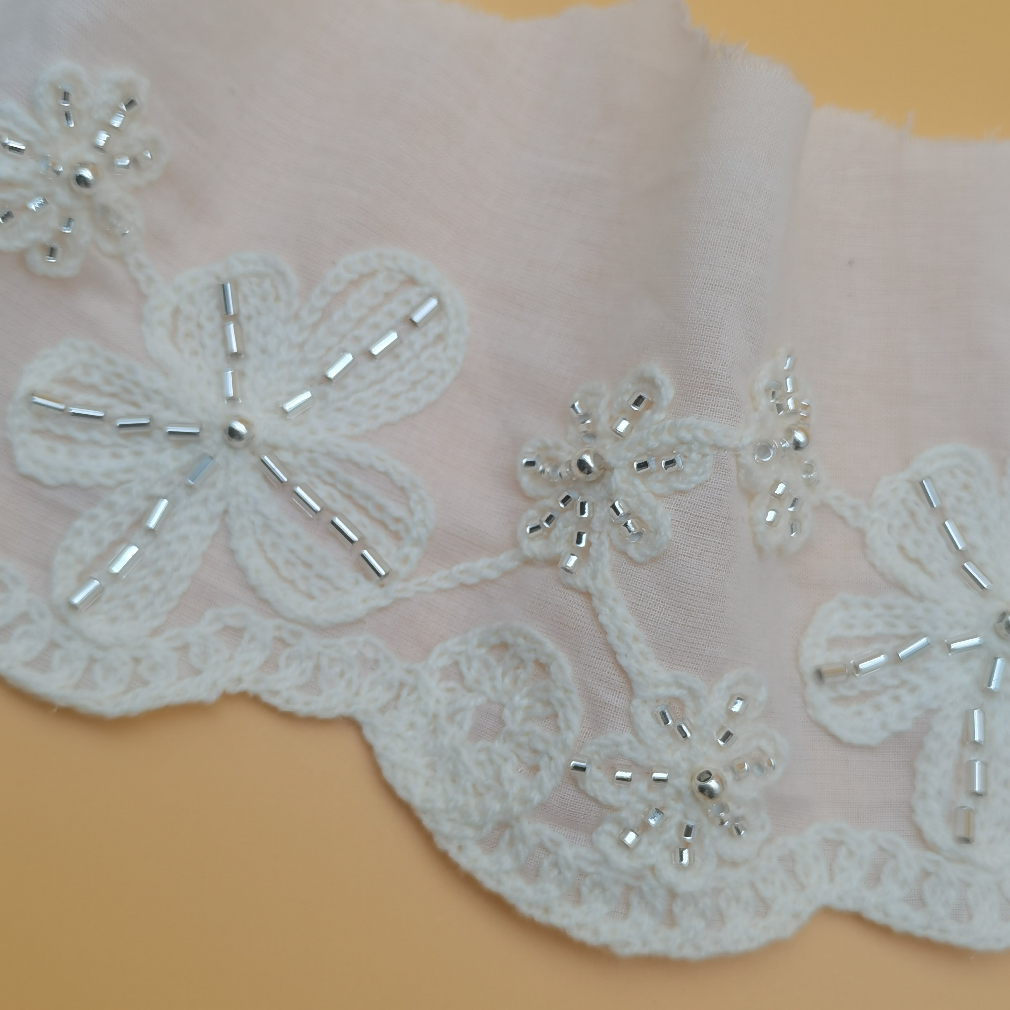 100% Cotton Elegant Dress Kerchief & Clothes Trim Beaded Lace Embroidery Fabric with Customizable Beaded Lace Trim