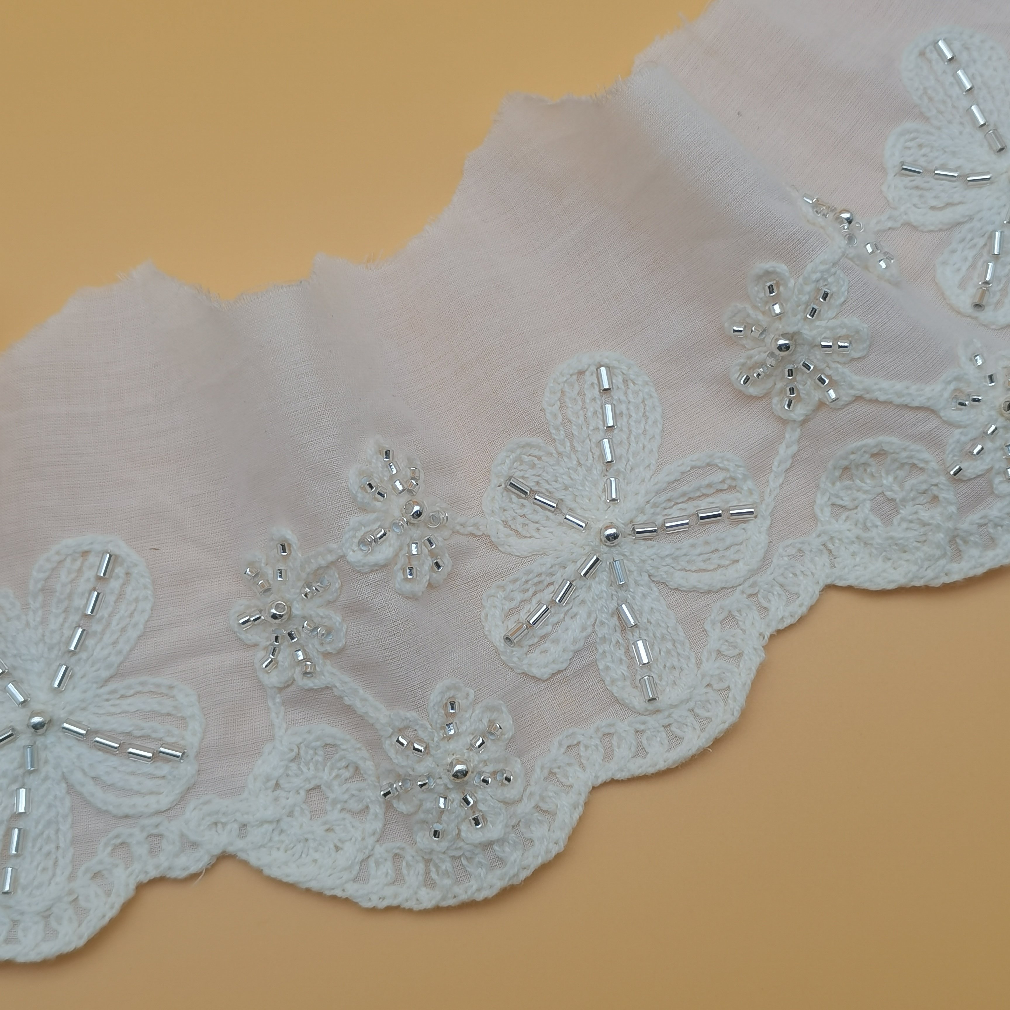 100% Cotton Elegant Dress Kerchief & Clothes Trim Beaded Lace Embroidery Fabric with Customizable Beaded Lace Trim