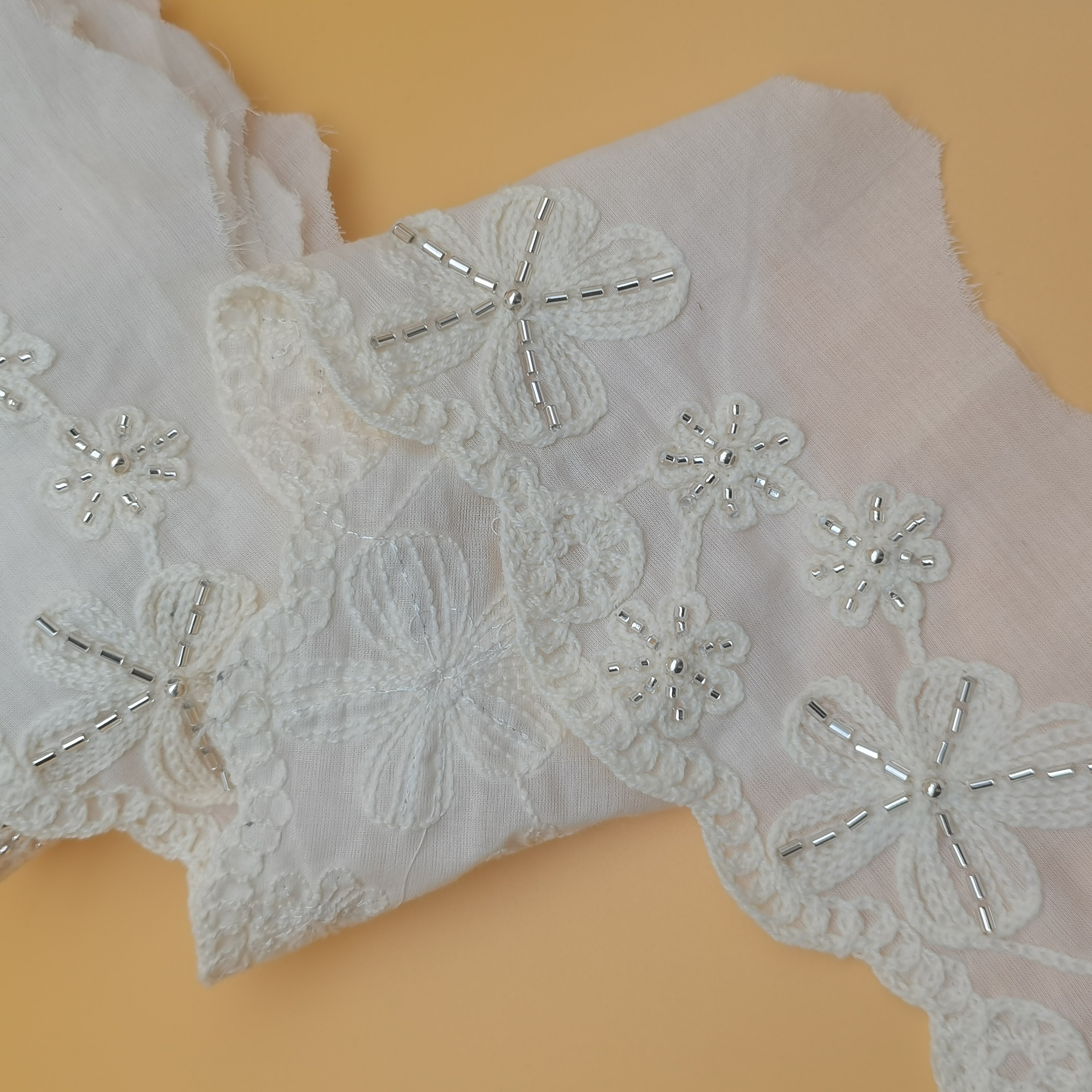 100% Cotton Elegant Dress Kerchief & Clothes Trim Beaded Lace Embroidery Fabric with Customizable Beaded Lace Trim