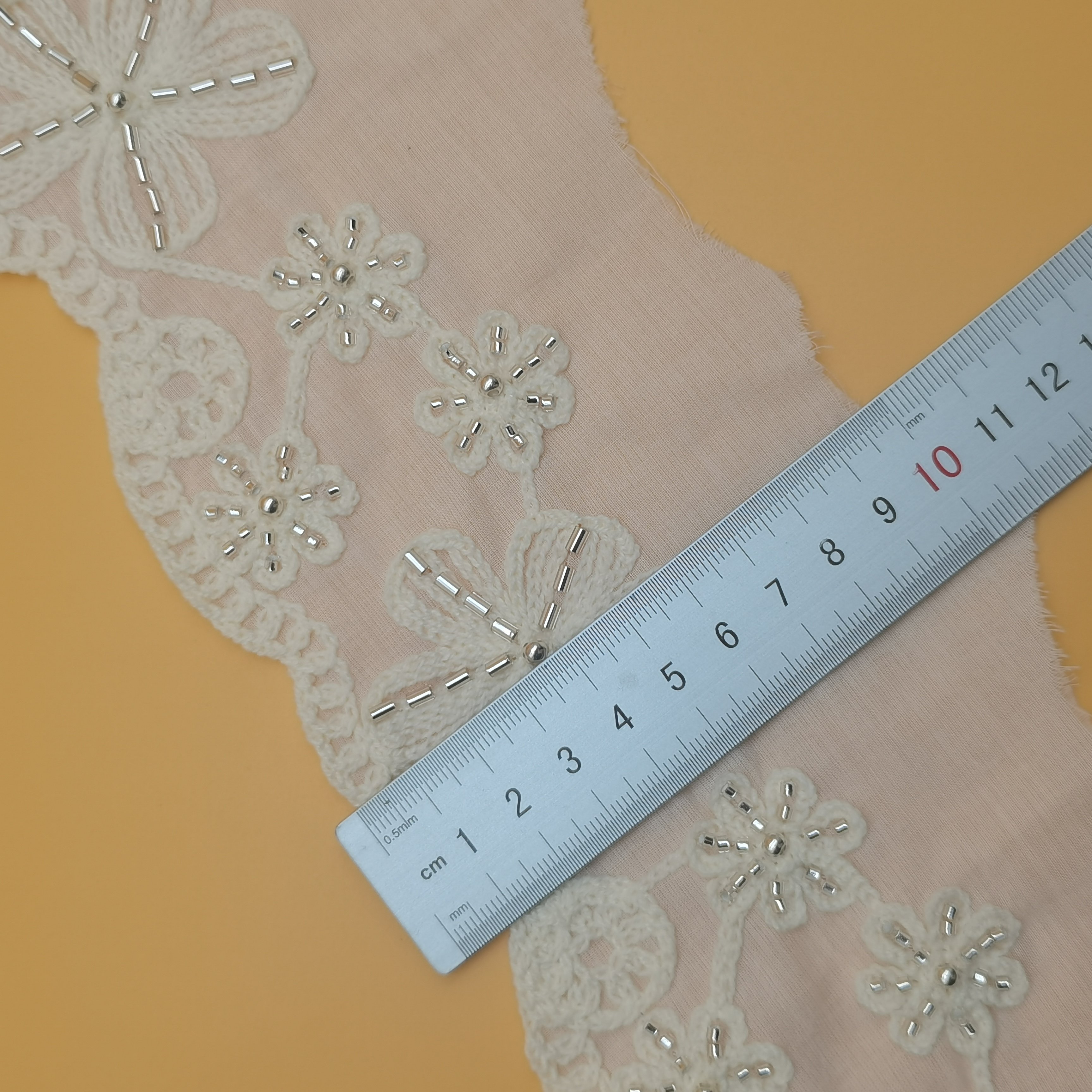 100% Cotton Elegant Dress Kerchief & Clothes Trim Beaded Lace Embroidery Fabric with Customizable Beaded Lace Trim