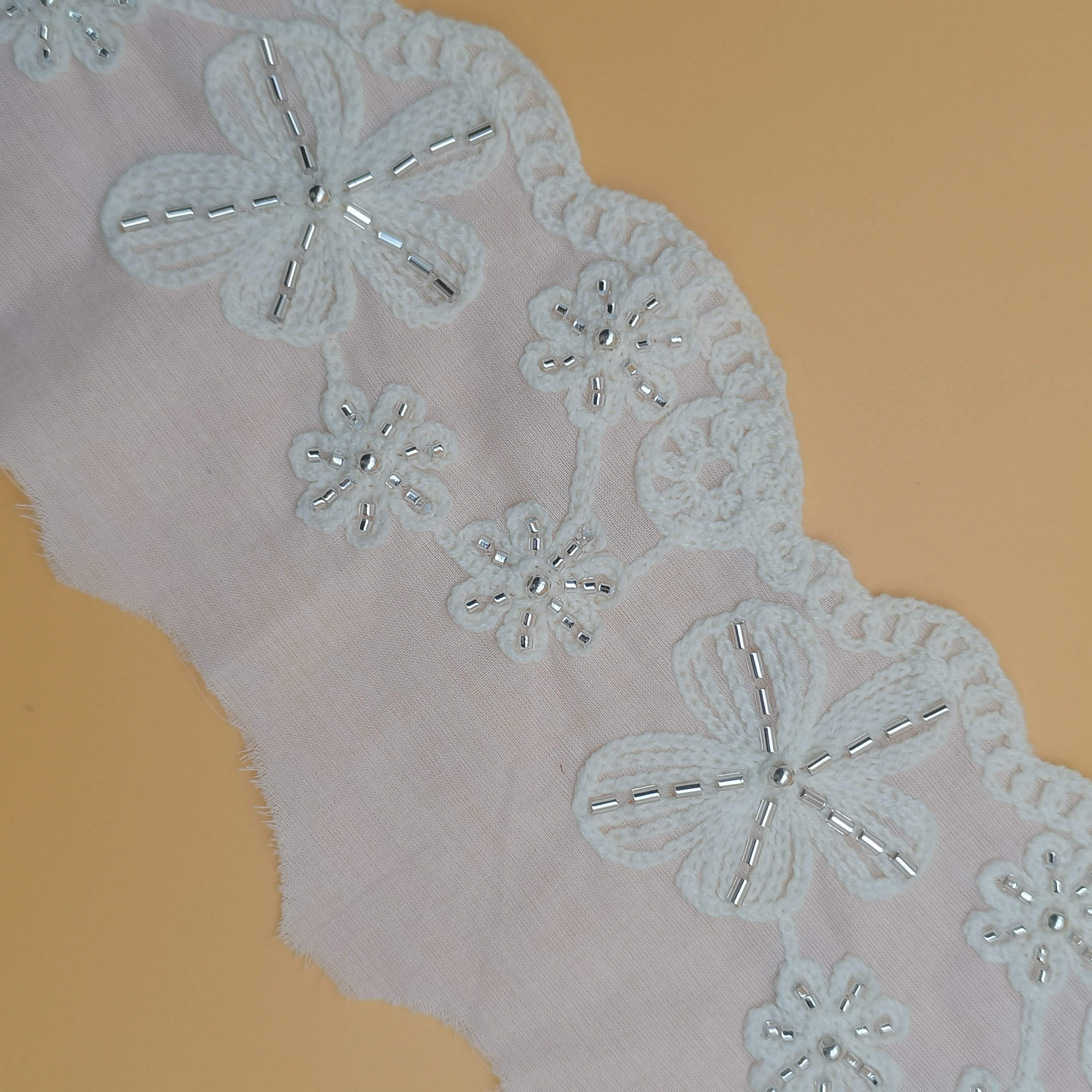 100% Cotton Elegant Dress Kerchief & Clothes Trim Beaded Lace Embroidery Fabric with Customizable Beaded Lace Trim
