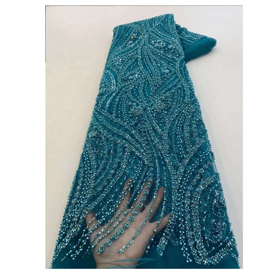 Nigerian Bridal Fabric Luxury Embroidery Beads Sequins Lace Pearls Beaded Lace Fabric For Women Wedding Dress