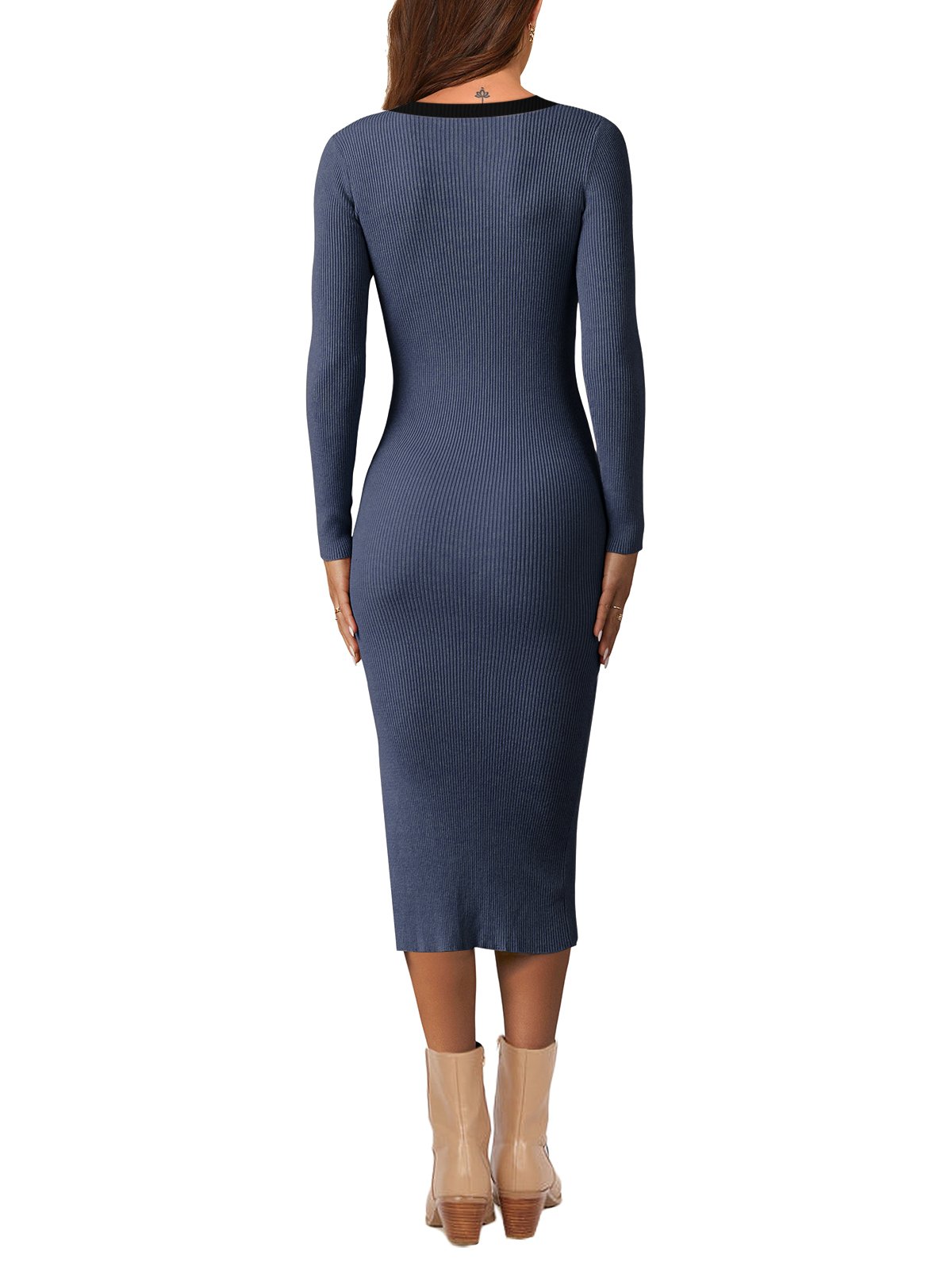 Ready to Ship Fall Bodycon Dress Ribbed Long Sleeve Tea Length Elegant Women Midi Dresses