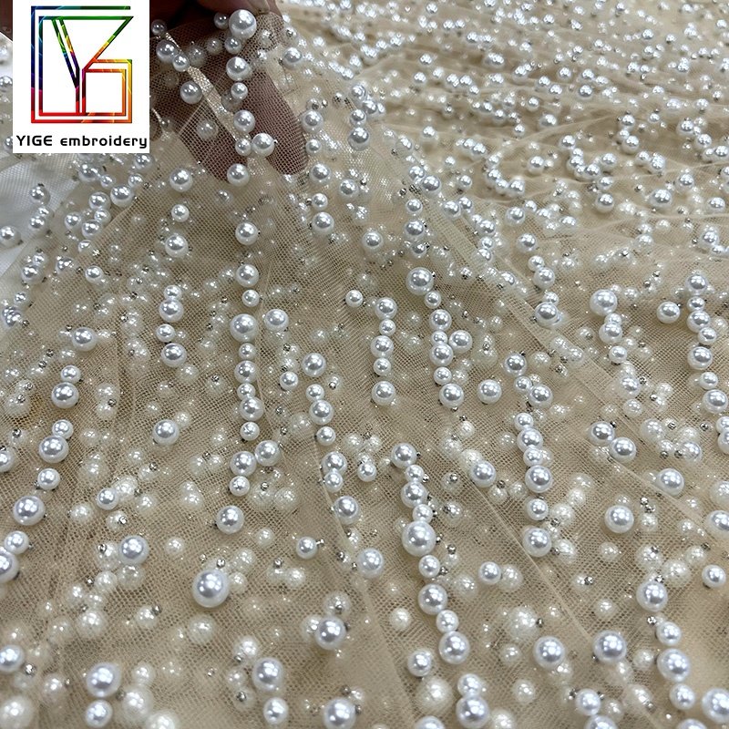 Custom luxury wedding gown pearl lace high quality handmade full beaded pearls lace fabric