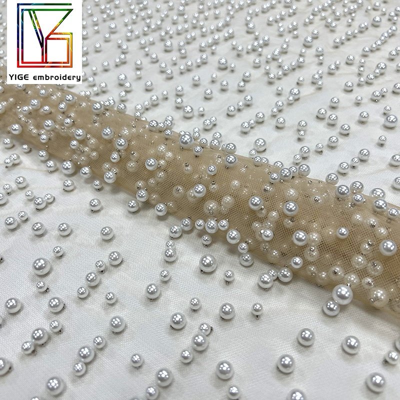 Custom luxury wedding gown pearl lace high quality handmade full beaded pearls lace fabric