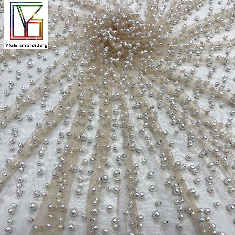 Custom luxury wedding gown pearl lace high quality handmade full beaded pearls lace fabric