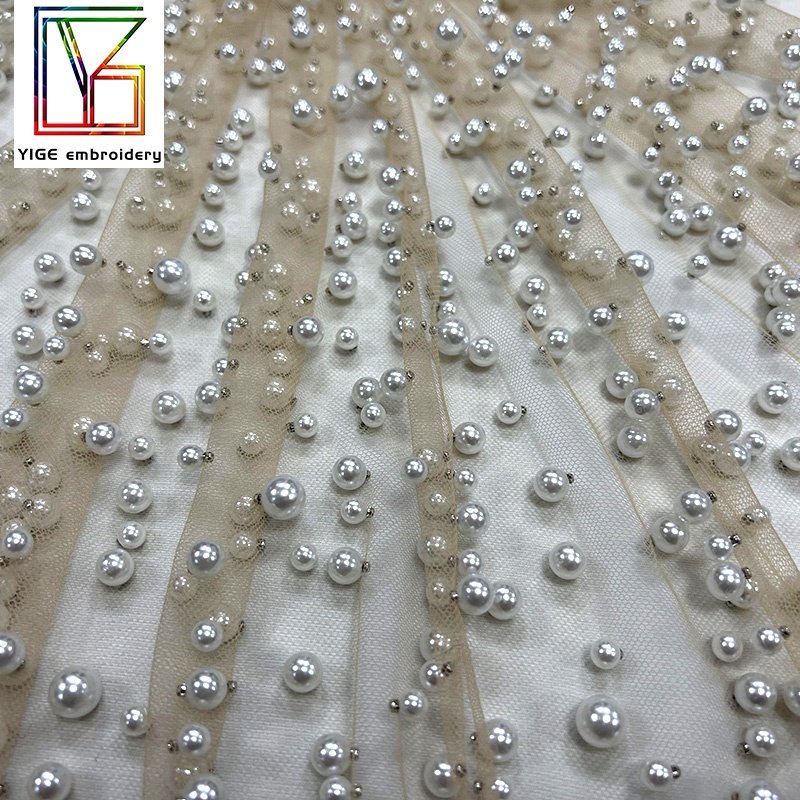 Custom luxury wedding gown pearl lace high quality handmade full beaded pearls lace fabric