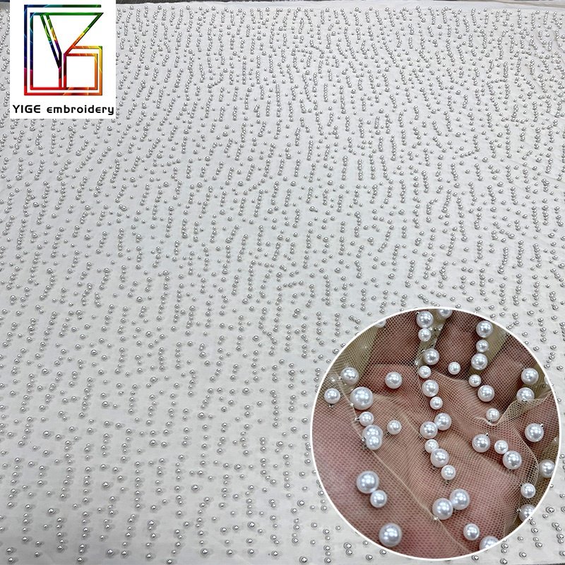 Custom luxury wedding gown pearl lace high quality handmade full beaded pearls lace fabric