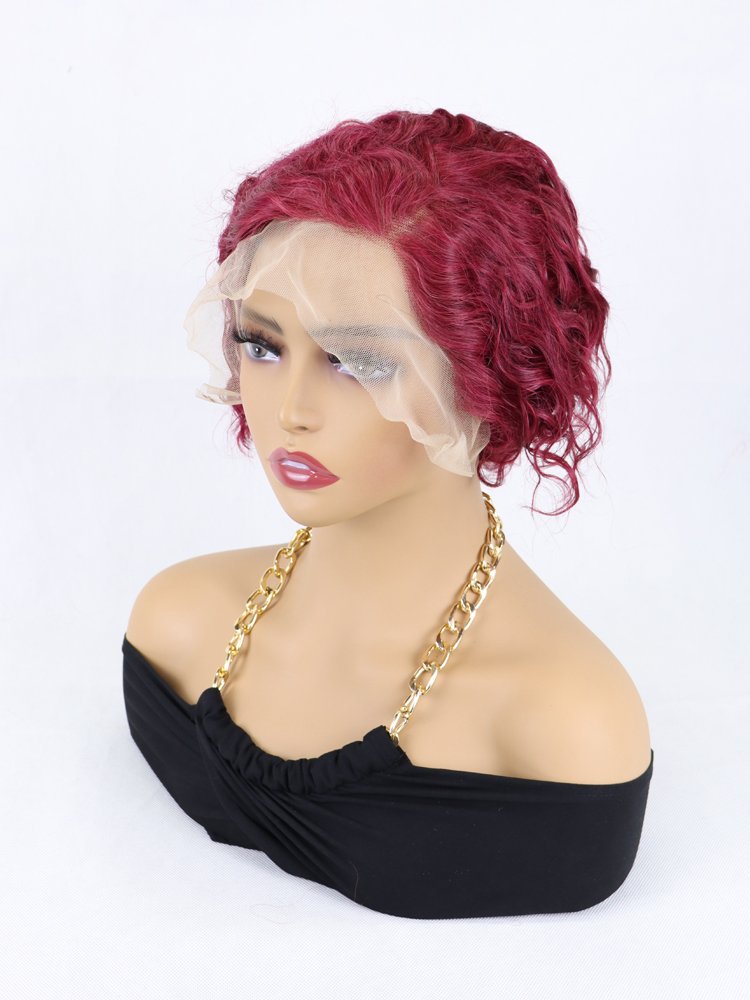 Cheaper #99j color hair 13x4 lace frontal bob wigs pixie curls wig human hair pixie wig