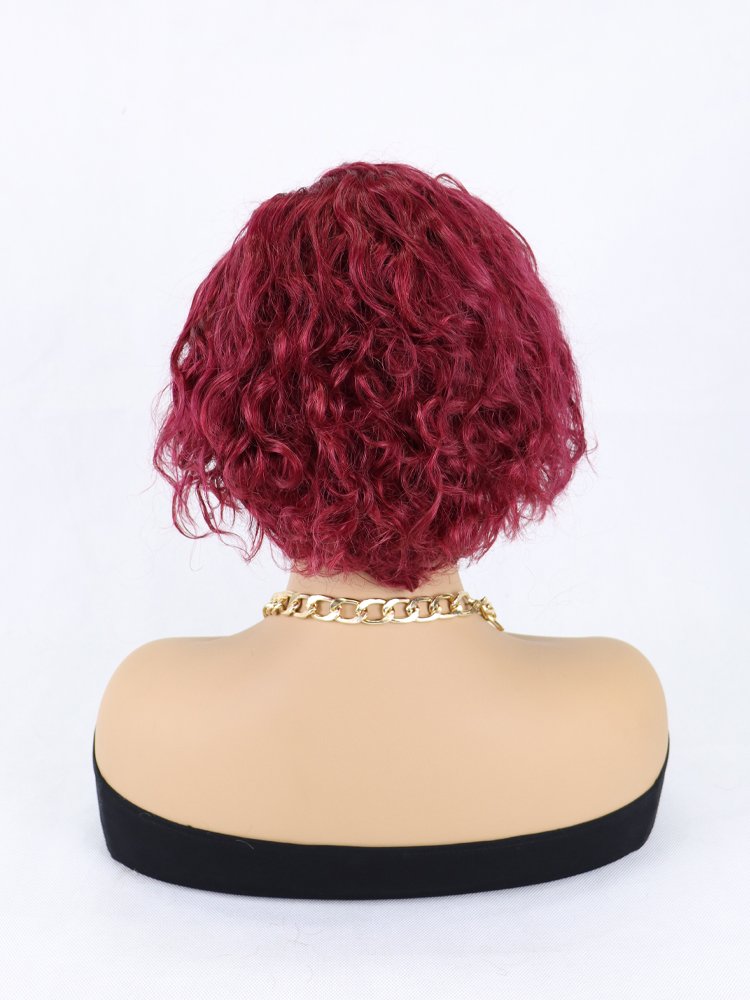 Cheaper #99j color hair 13x4 lace frontal bob wigs pixie curls wig human hair pixie wig