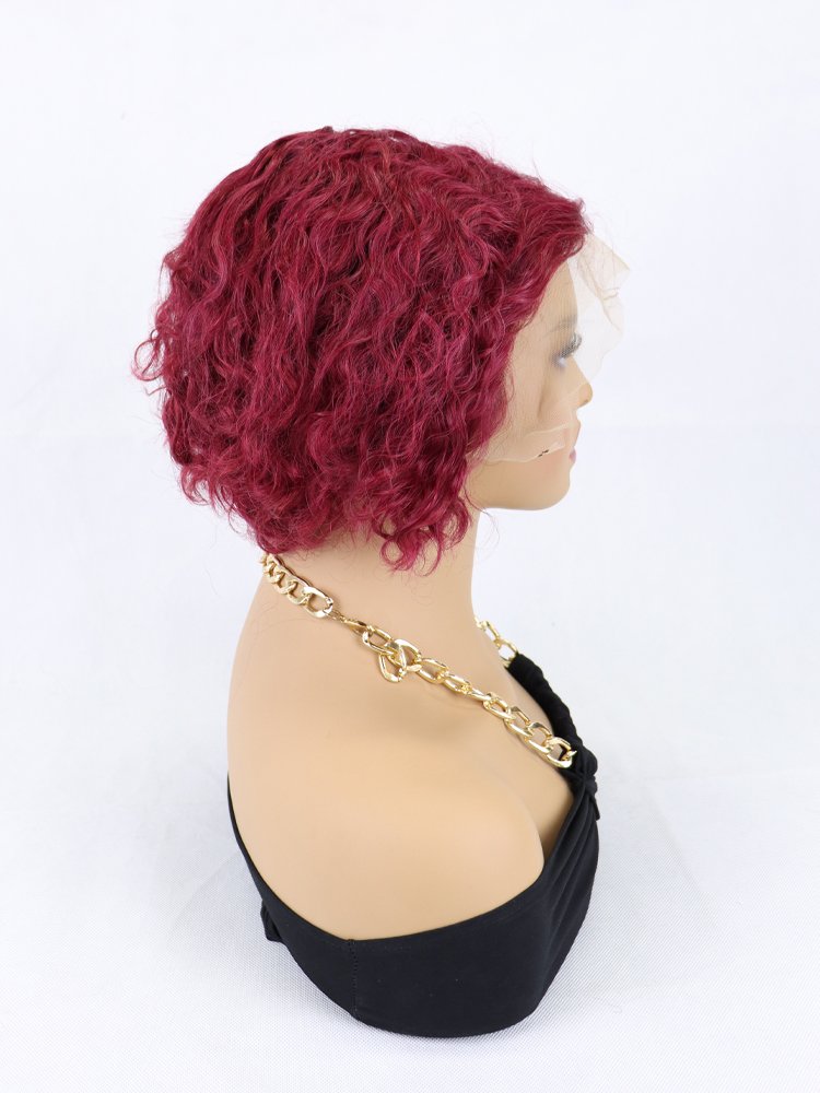 Cheaper #99j color hair 13x4 lace frontal bob wigs pixie curls wig human hair pixie wig
