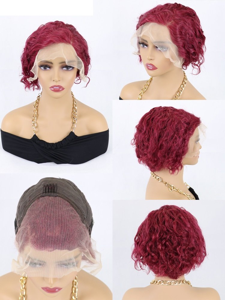 Cheaper #99j color hair 13x4 lace frontal bob wigs pixie curls wig human hair pixie wig