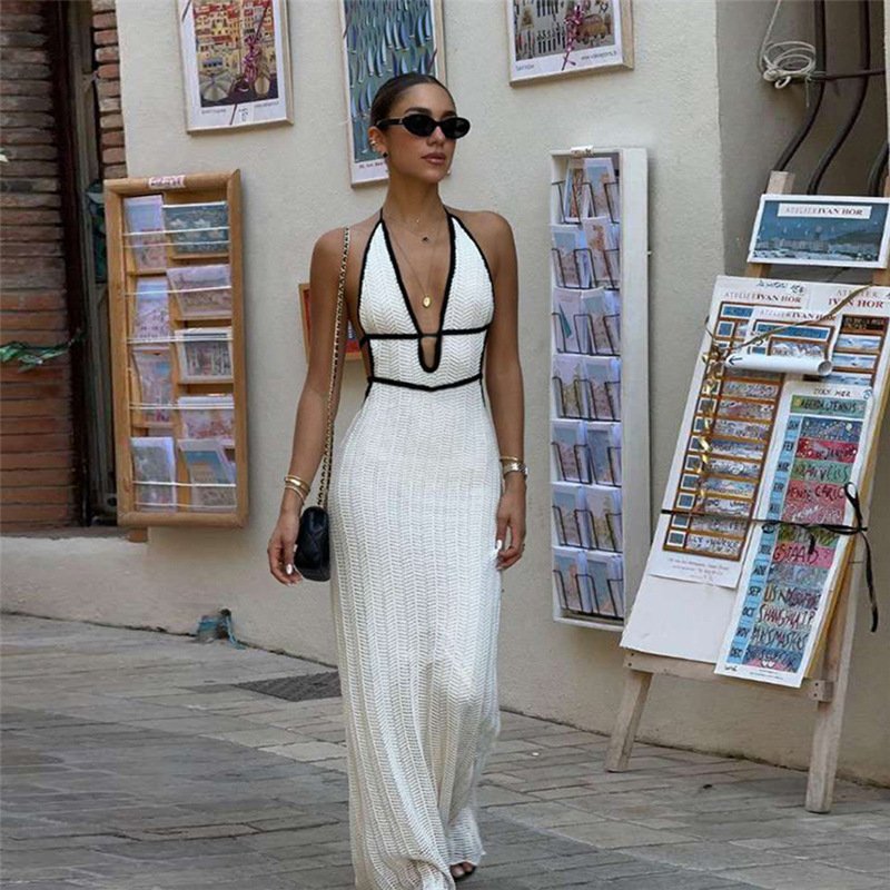 Peeqi W24D52752 fashion 2024 new summer knitting solid color sleeveless backless hollow slim dress sexy maxi dress women lady