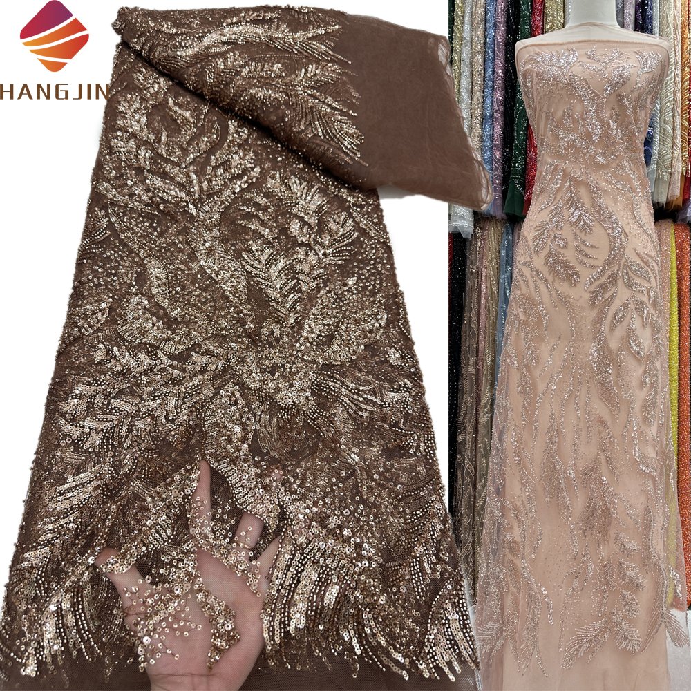 New Fashion Brown Sequins Nigerian Heavy Beaded Lace Fabric French Embroidery Tulle Lace Fabrics For Wedding Dresses Luxury