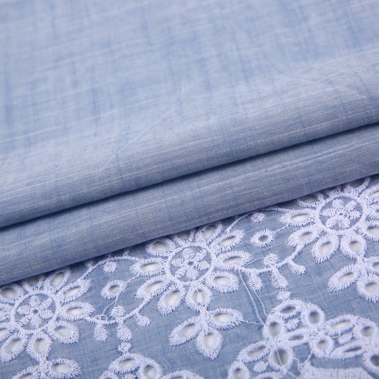 HA-16284 New design cotton single border eyelet embroidery stock voile yarn dyed embroidery lace fabric blue
