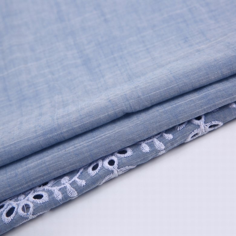 HA-16284 New design cotton single border eyelet embroidery stock voile yarn dyed embroidery lace fabric blue