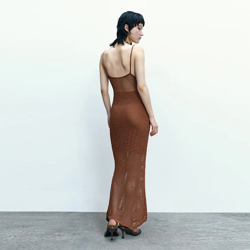 2024 Casual Fashion Custom Ladies Women's Backless Halter Strap Knit Rib Mid Length Summer Dress