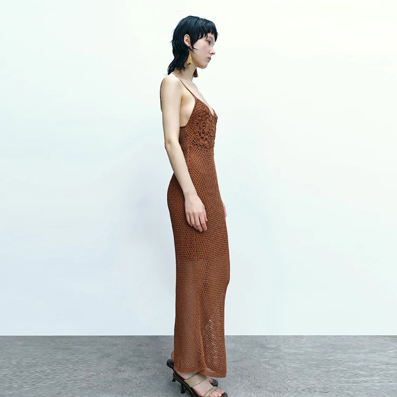 2024 Casual Fashion Custom Ladies Women's Backless Halter Strap Knit Rib Mid Length Summer Dress