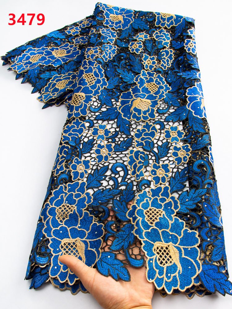 African Water Soluble Lace Fabric with Rhinestones Latest Guipure Cord Lace Fabric For Women Wedding Party Sew 3479
