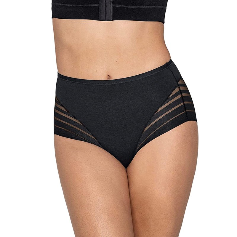 Amazon Women Tummy Control Briefs Stripe Lace Transparent Underwear Plus Size Mid-Rise Control Shapewear Panties Icesilk Bragas