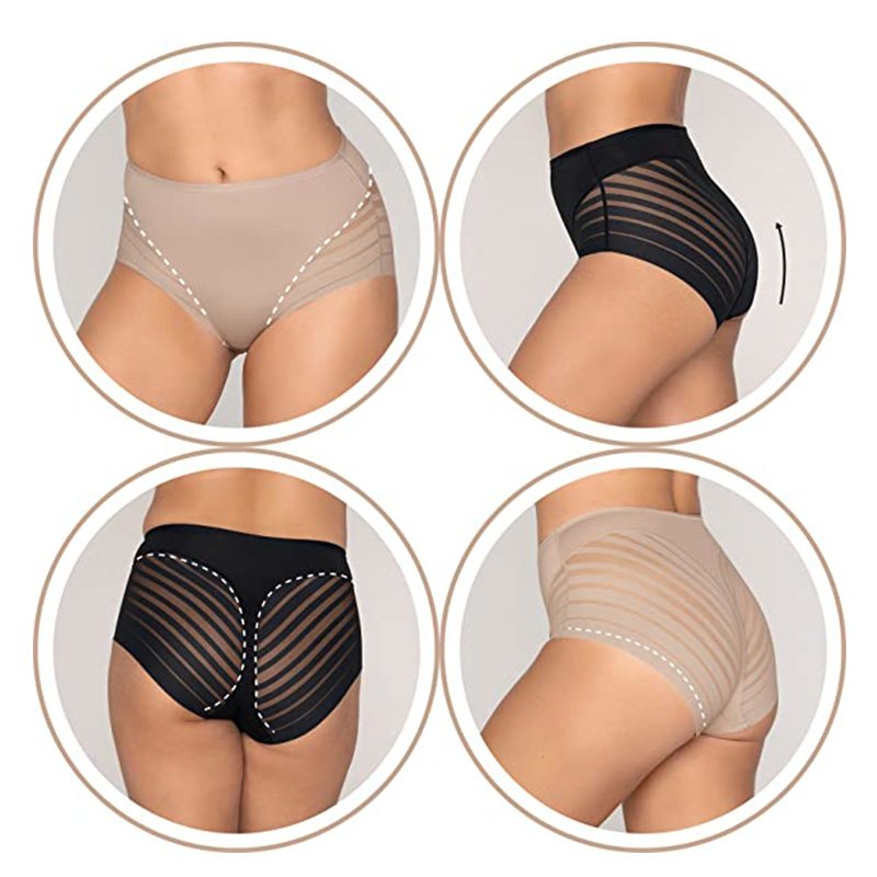 Amazon Women Tummy Control Briefs Stripe Lace Transparent Underwear Plus Size Mid-Rise Control Shapewear Panties Icesilk Bragas