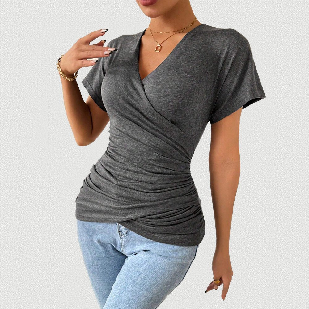 Women Blouse 2024 Ribbed Lady Blouses Slim V Neck Poly Tops Short Sleeve Blouses Woman