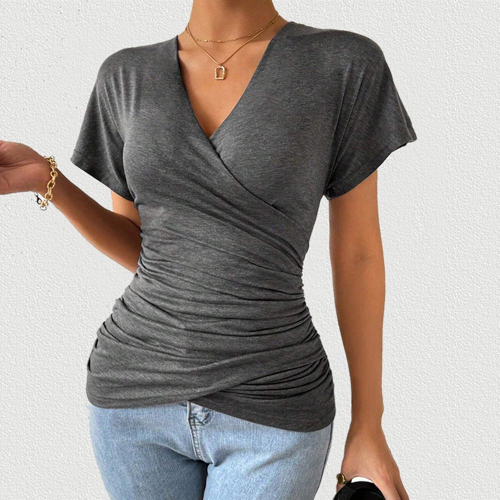 Women Blouse 2024 Ribbed Lady Blouses Slim V Neck Poly Tops Short Sleeve Blouses Woman