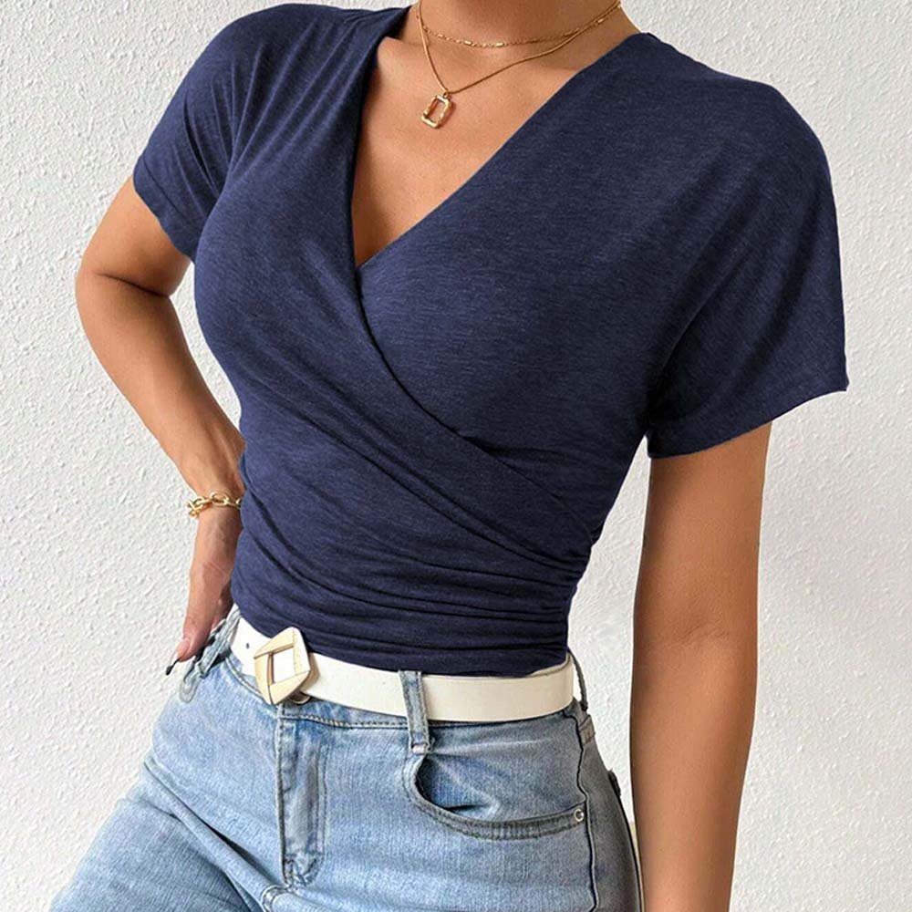 Women Blouse 2024 Ribbed Lady Blouses Slim V Neck Poly Tops Short Sleeve Blouses Woman