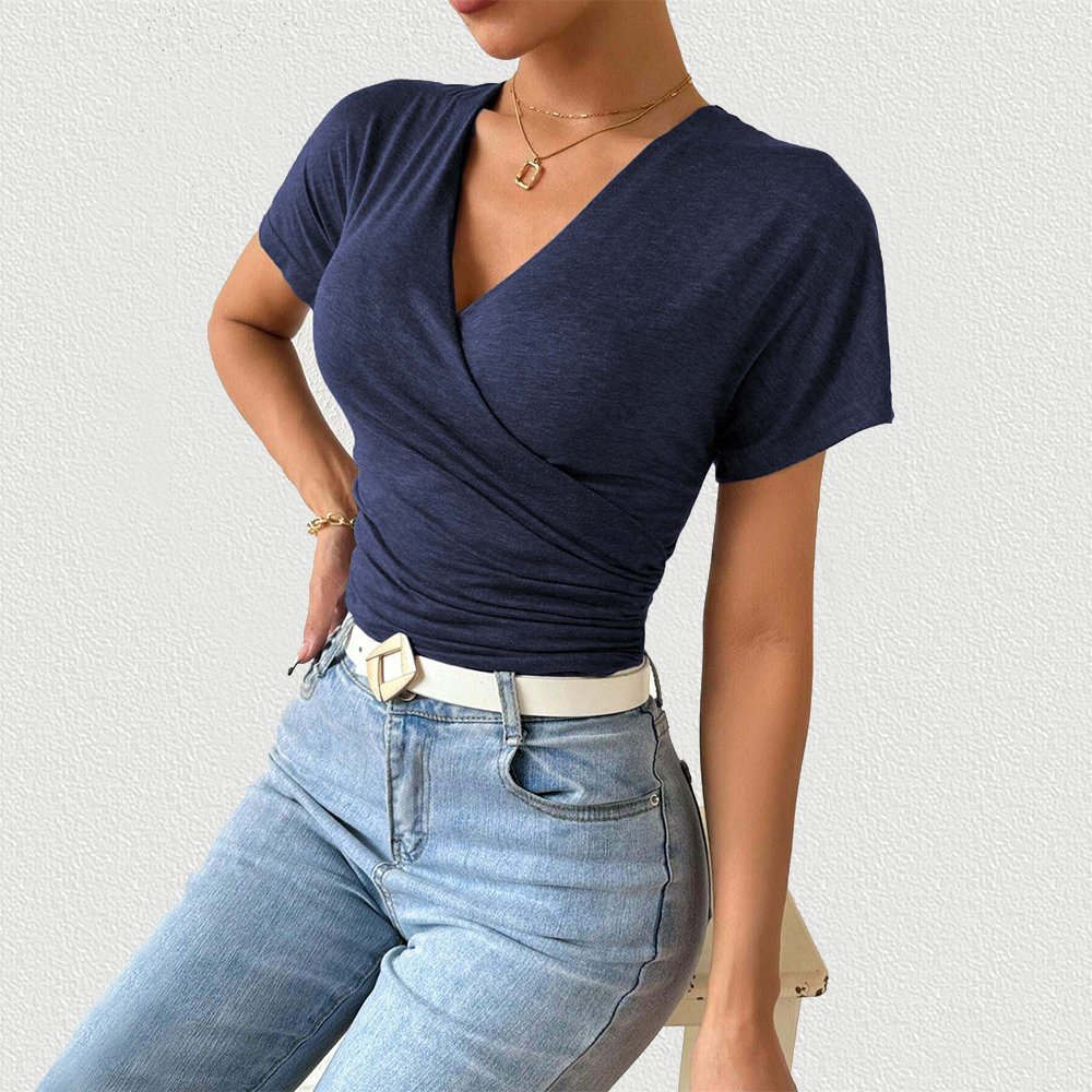 Women Blouse 2024 Ribbed Lady Blouses Slim V Neck Poly Tops Short Sleeve Blouses Woman