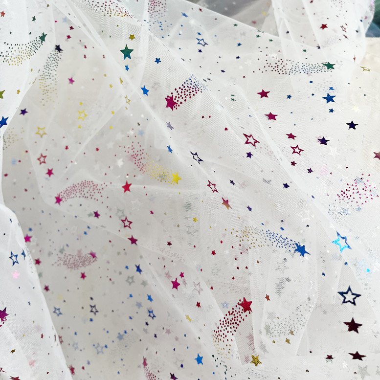 new pattern Ready To Ship 100% Polyester Foil Printed Stars And Moon Mesh Tulle Fabric For Kids Dress