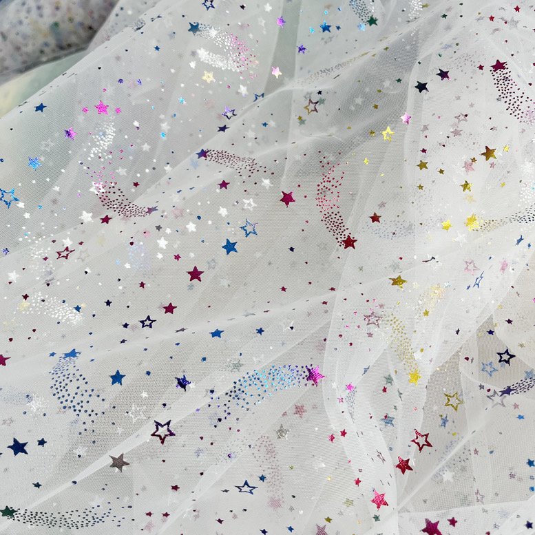 new pattern Ready To Ship 100% Polyester Foil Printed Stars And Moon Mesh Tulle Fabric For Kids Dress