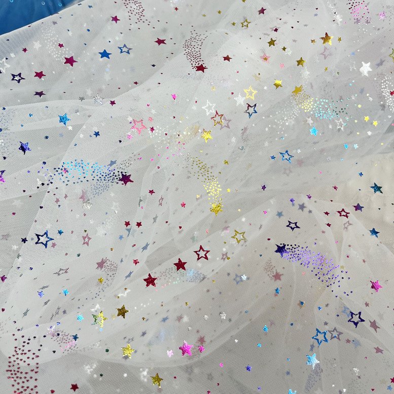 new pattern Ready To Ship 100% Polyester Foil Printed Stars And Moon Mesh Tulle Fabric For Kids Dress