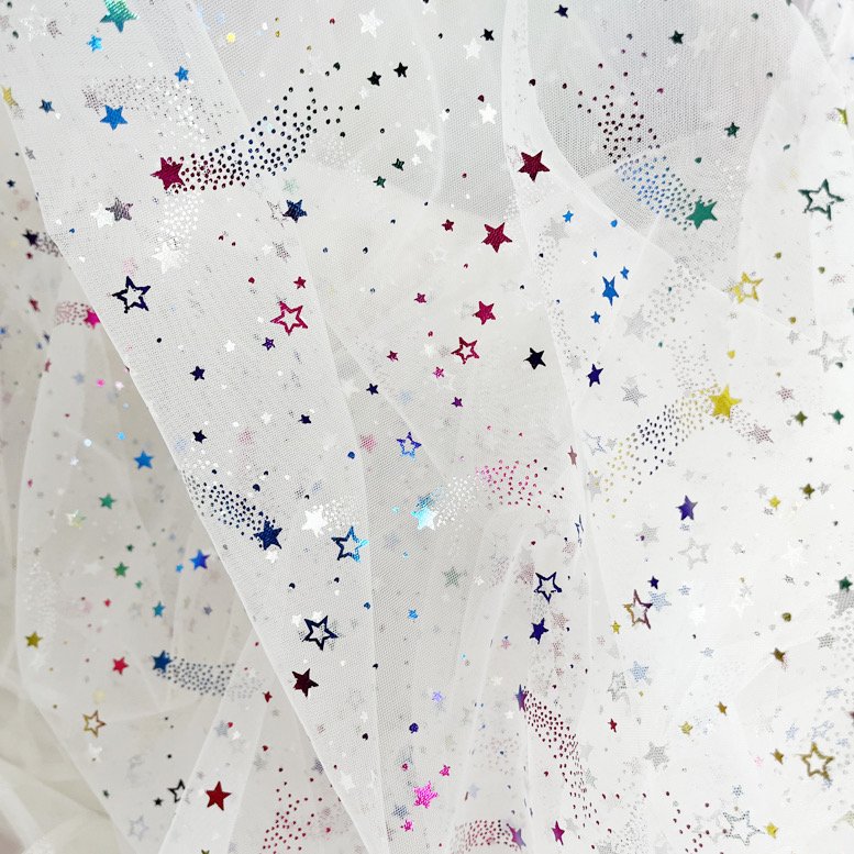 new pattern Ready To Ship 100% Polyester Foil Printed Stars And Moon Mesh Tulle Fabric For Kids Dress