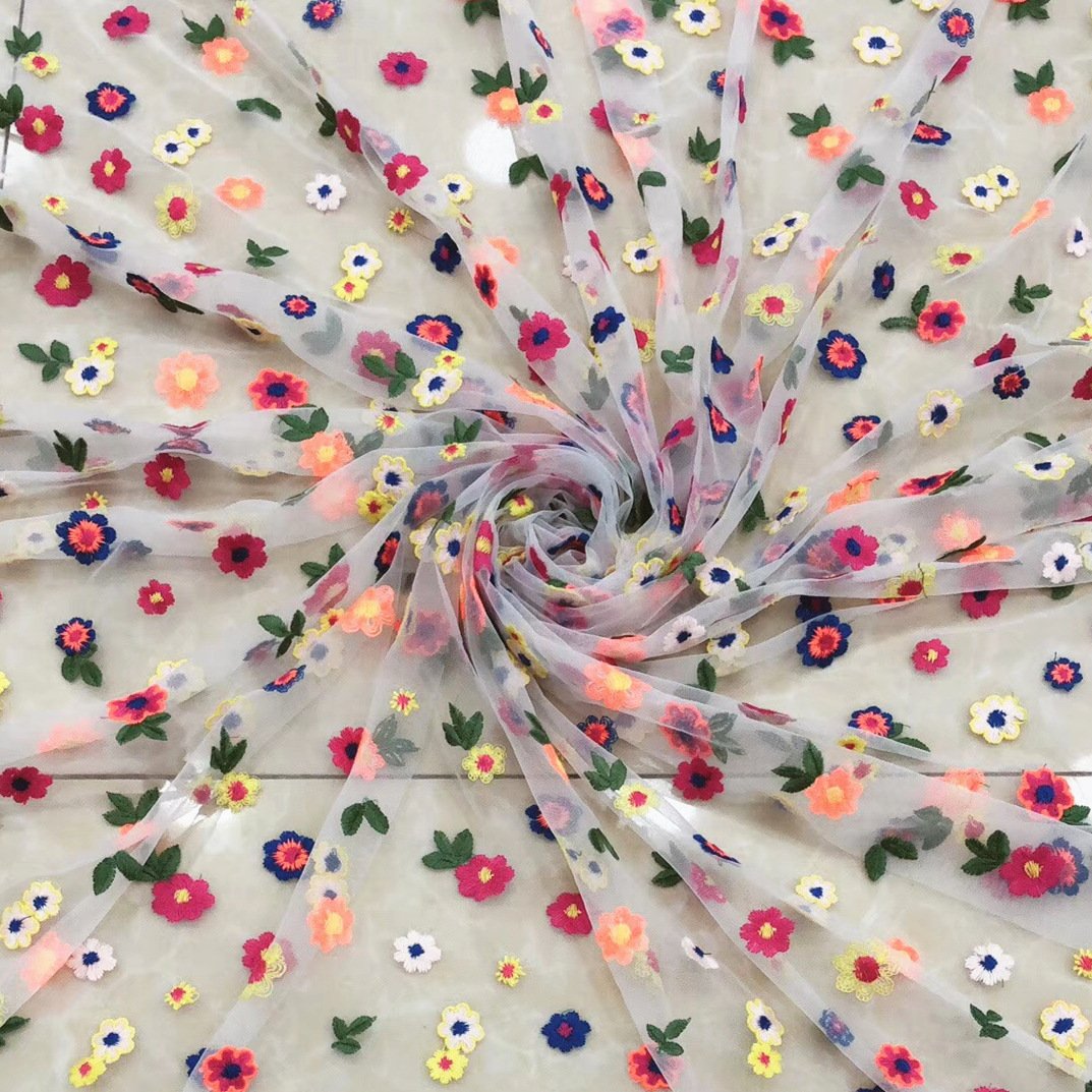 Width 150 cm embroidery organza fabric 3 d colorful flowers mesh net voile tulle lace fabric for dress skirt