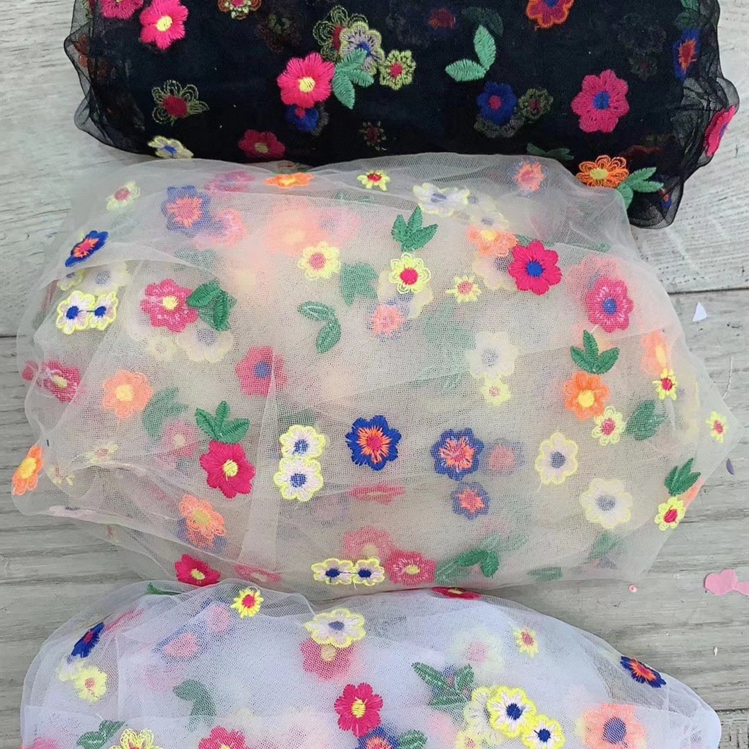 Width 150 cm embroidery organza fabric 3 d colorful flowers mesh net voile tulle lace fabric for dress skirt