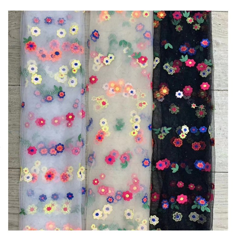Width 150 cm embroidery organza fabric 3 d colorful flowers mesh net voile tulle lace fabric for dress skirt