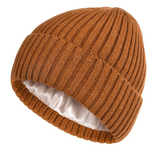 OEM Design Ribbed Knitted Winter Beanie Hat Blank Unisex Satin Lined Beanie