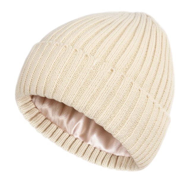 OEM Design Ribbed Knitted Winter Beanie Hat Blank Unisex Satin Lined Beanie