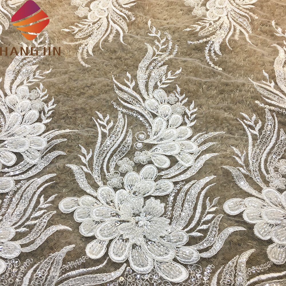 Luxurious Sparkle Wedding Dress Lace Fabric 3D Embroidery White Fancy Net Beaded Sequins Lace Fabric