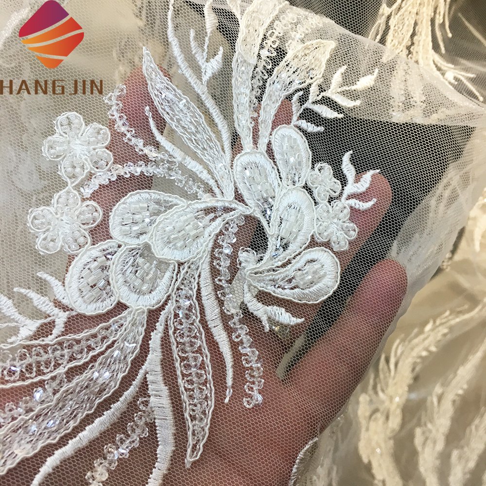 Luxurious Sparkle Wedding Dress Lace Fabric 3D Embroidery White Fancy Net Beaded Sequins Lace Fabric