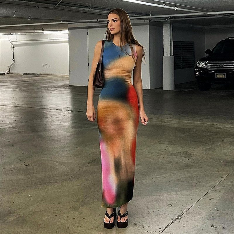 Summer Sexy Sleeveless Backless Maxi Dress Vestido Women Tie Dye Print Split Slim Long Dress women Elegant Party Dresses