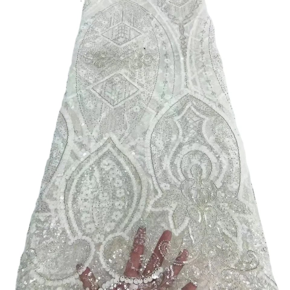 Wholesale Stock Heavy beaded embroidery fabric with sequin colorful tulle lace fabric for wedding dress