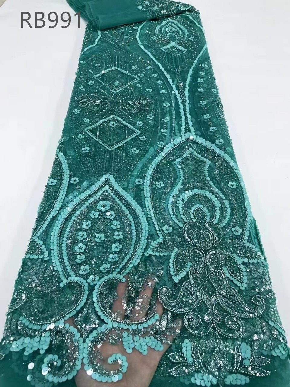 Wholesale Stock Heavy beaded embroidery fabric with sequin colorful tulle lace fabric for wedding dress