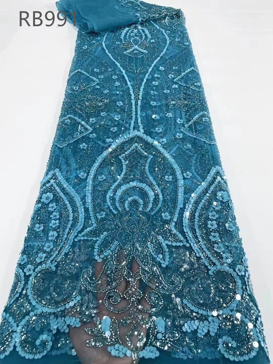 Wholesale Stock Heavy beaded embroidery fabric with sequin colorful tulle lace fabric for wedding dress