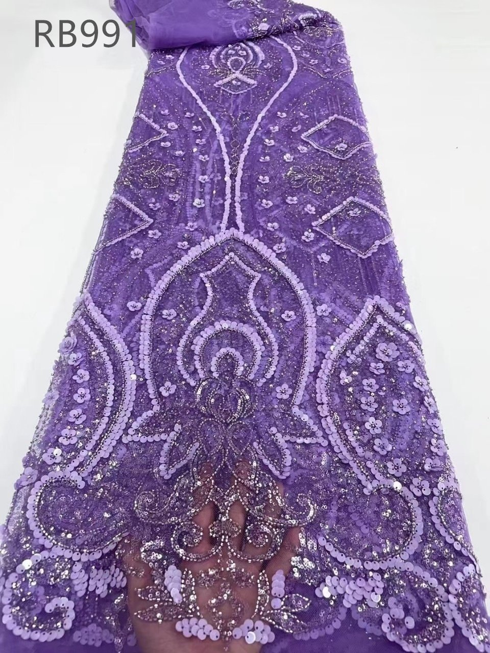 Wholesale Stock Heavy beaded embroidery fabric with sequin colorful tulle lace fabric for wedding dress