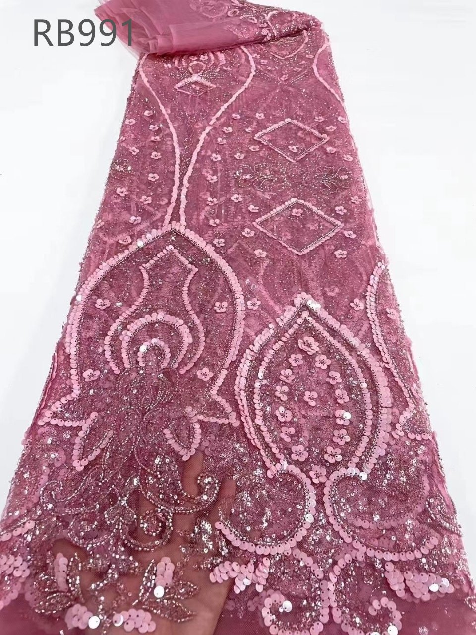 Wholesale Stock Heavy beaded embroidery fabric with sequin colorful tulle lace fabric for wedding dress