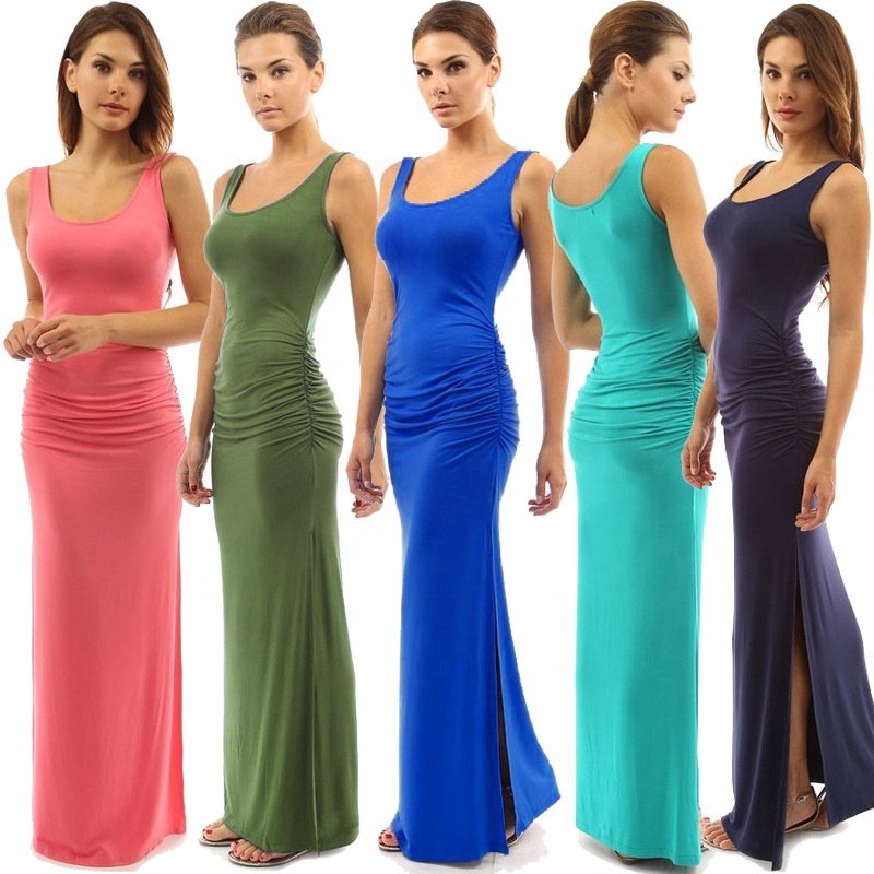 Custom Logo Trending Rib Knit Sexy Tight Long Pencil Maxi Dress Sleeveless Bodycon Dresses Women